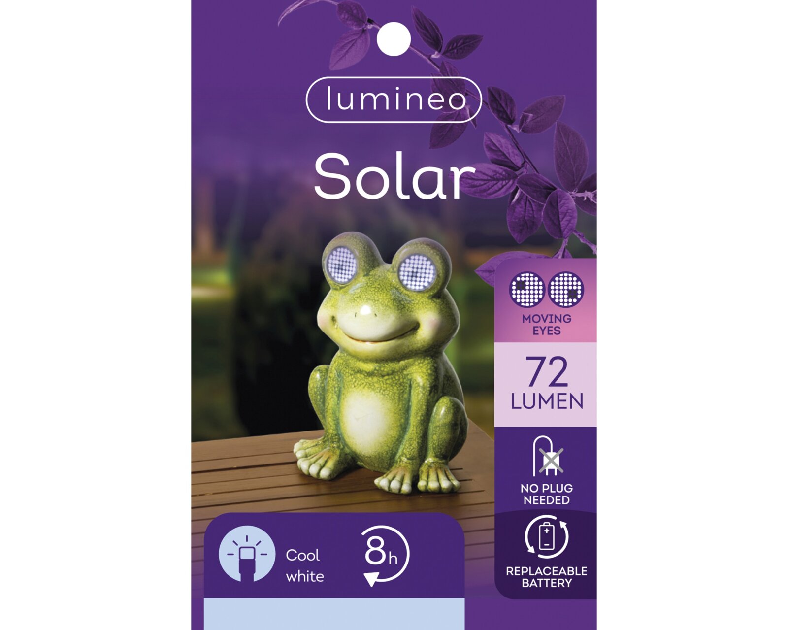 Solarbetriebener Frosch aus Polyresin mit beweglichen Augen, 72 Lumen, kühles weißes Licht, auf einer Holzoberfläche platziert, Vorderansicht.