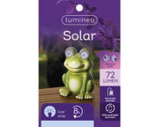Solarbetriebener Frosch aus Polyresin mit beweglichen Augen, 72 Lumen, kühles weißes Licht, auf einer Holzoberfläche platziert, Vorderansicht.