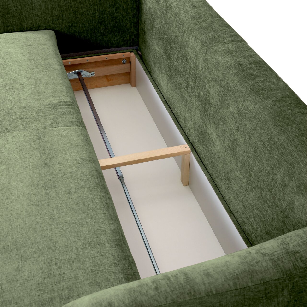 Groene functionele bank met een bovenaanzicht op de opbergruimte