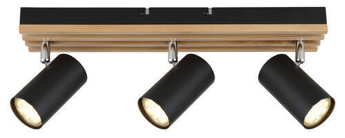 Moderner Deckenstrahler mit drei schwarzen, zylindrischen Leuchten auf einer Holzleiste, Perspektive von vorne.