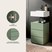 Modernes Bad-Waschtischunterschrank-Set in Salbeigrün mit drei Schubladen und weißem Aufsatzwaschbecken, seitliche Frontansicht; Detail-Icons zeigen stabile Metallscharniere und hochwertige MDF-Front mit Rillenfräsung.