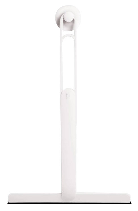 Weißer Flex Duschabzieher, frontal abgebildet, mit ergonomischem Griff und Gummilippe.