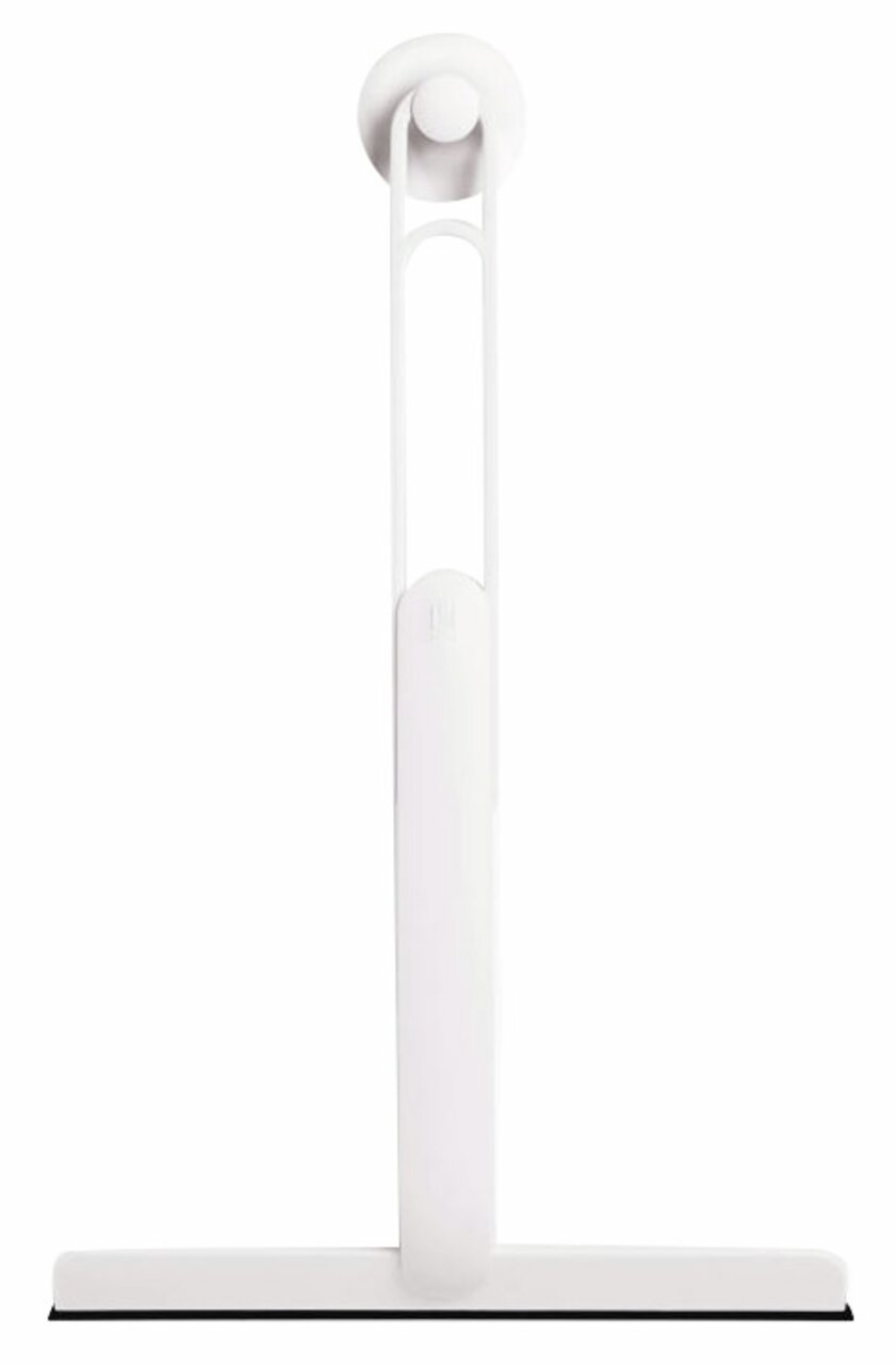 Weißer Flex Duschabzieher, frontal abgebildet, mit ergonomischem Griff und Gummilippe.