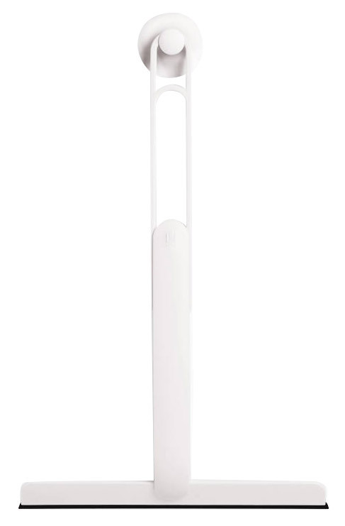 Weißer Flex Duschabzieher, frontal abgebildet, mit ergonomischem Griff und Gummilippe.