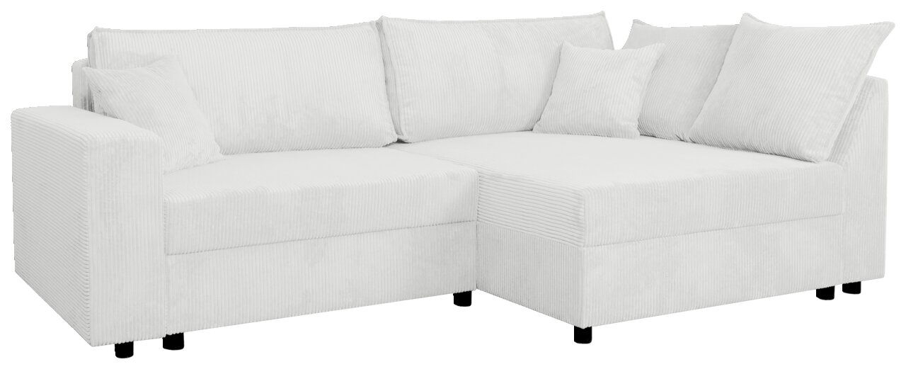 Weiße Rundecke mit weichem Stoffbezug, von vorne links betrachtet.