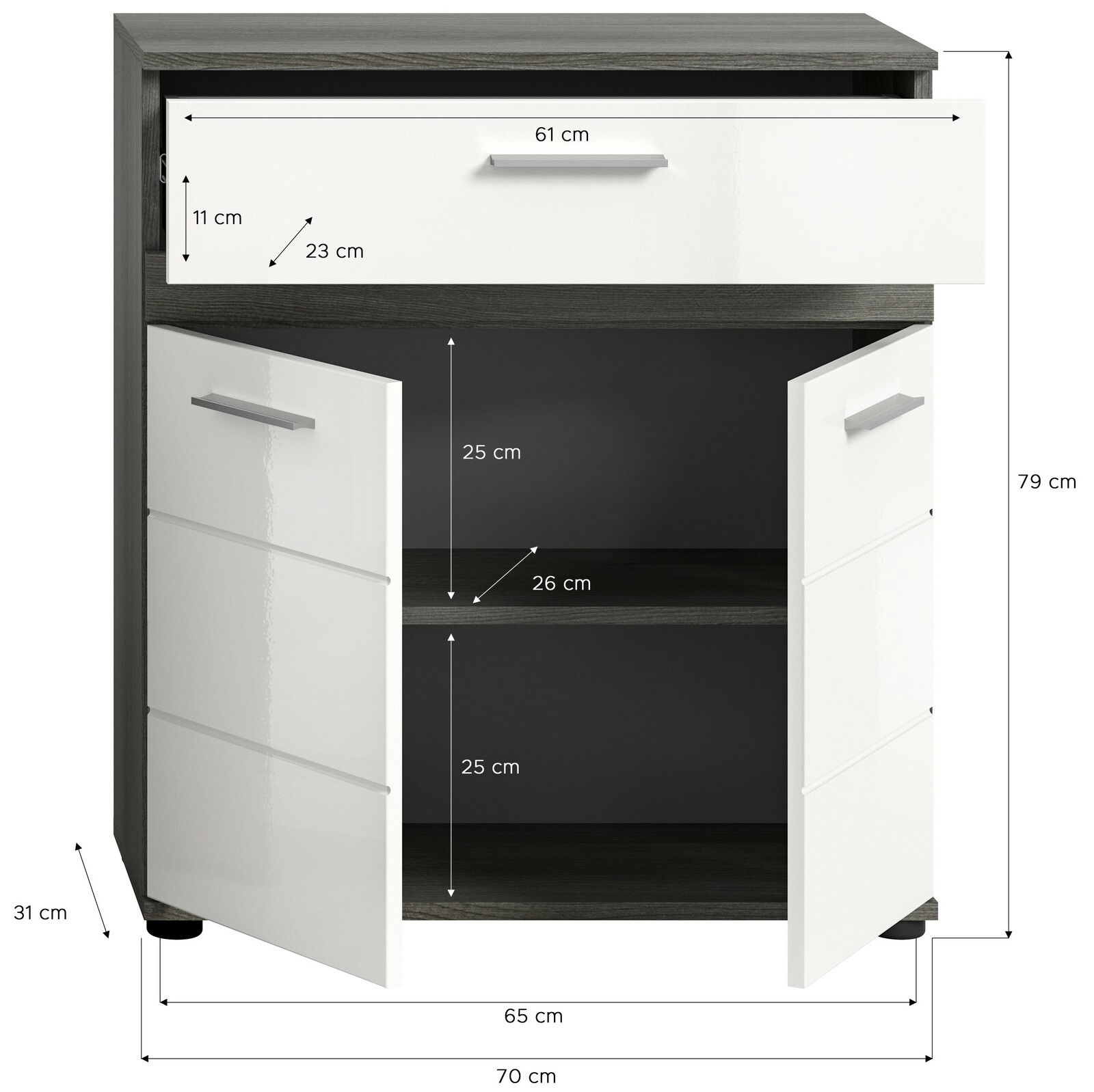 Midischrank mit einer Schublade und zwei Türen, Frontansicht, Maße: 70 cm Breite, 79 cm Höhe, 31 cm Tiefe