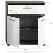 Midischrank mit einer Schublade und zwei Türen, Frontansicht, Maße: 70 cm Breite, 79 cm Höhe, 31 cm Tiefe