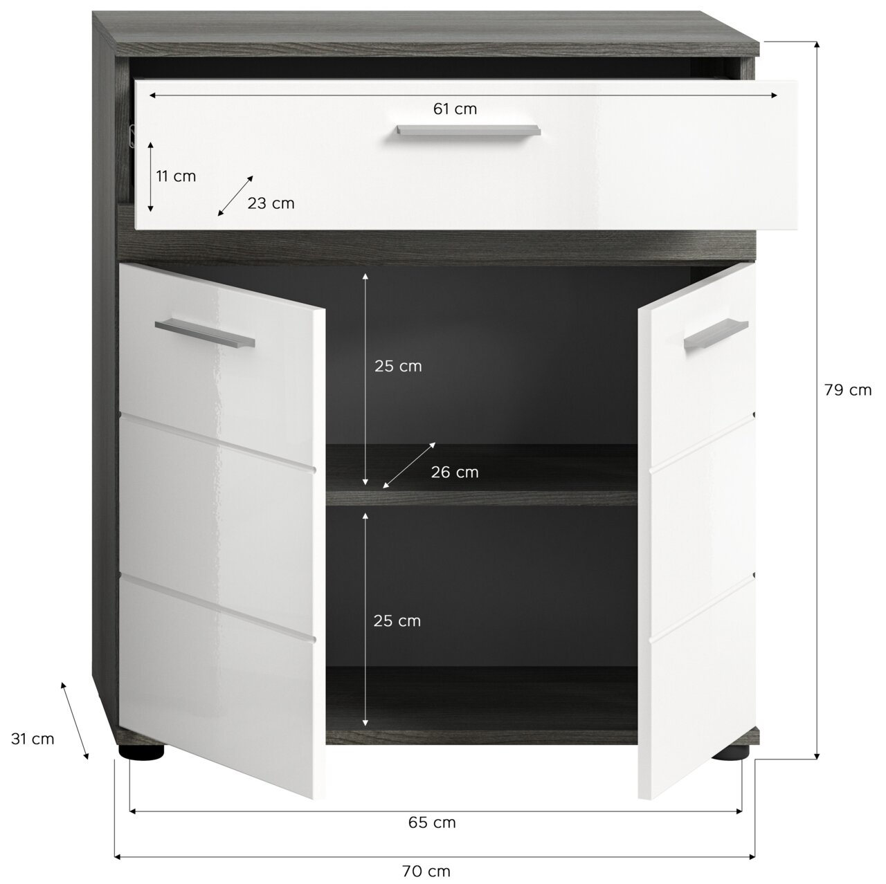 Midischrank mit einer Schublade und zwei Türen, Frontansicht, Maße: 70 cm Breite, 79 cm Höhe, 31 cm Tiefe