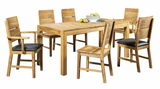 Essgruppe aus Holz mit sechs Stühlen und einem Tisch, seitliche Perspektive