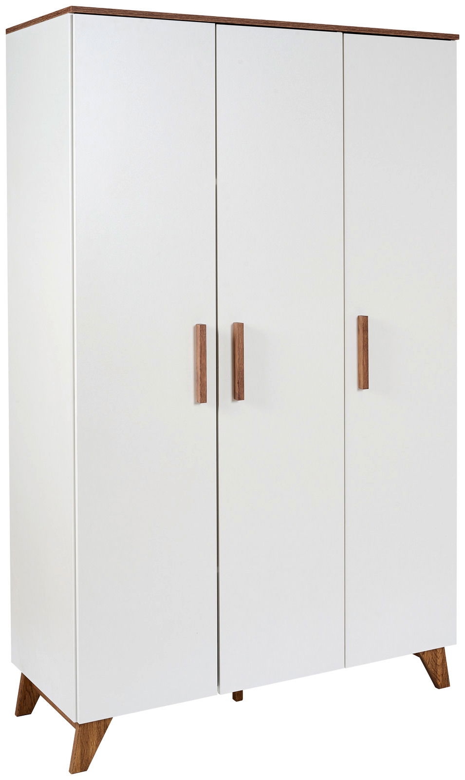 Moderner weißer Kleiderschrank mit drei Türen und Holzgriffen, seitliche Perspektive