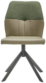 Moderner Stuhl mit grünem Stoffrücken und olivfarbenem Ledersitz, aus frontaler Perspektive.