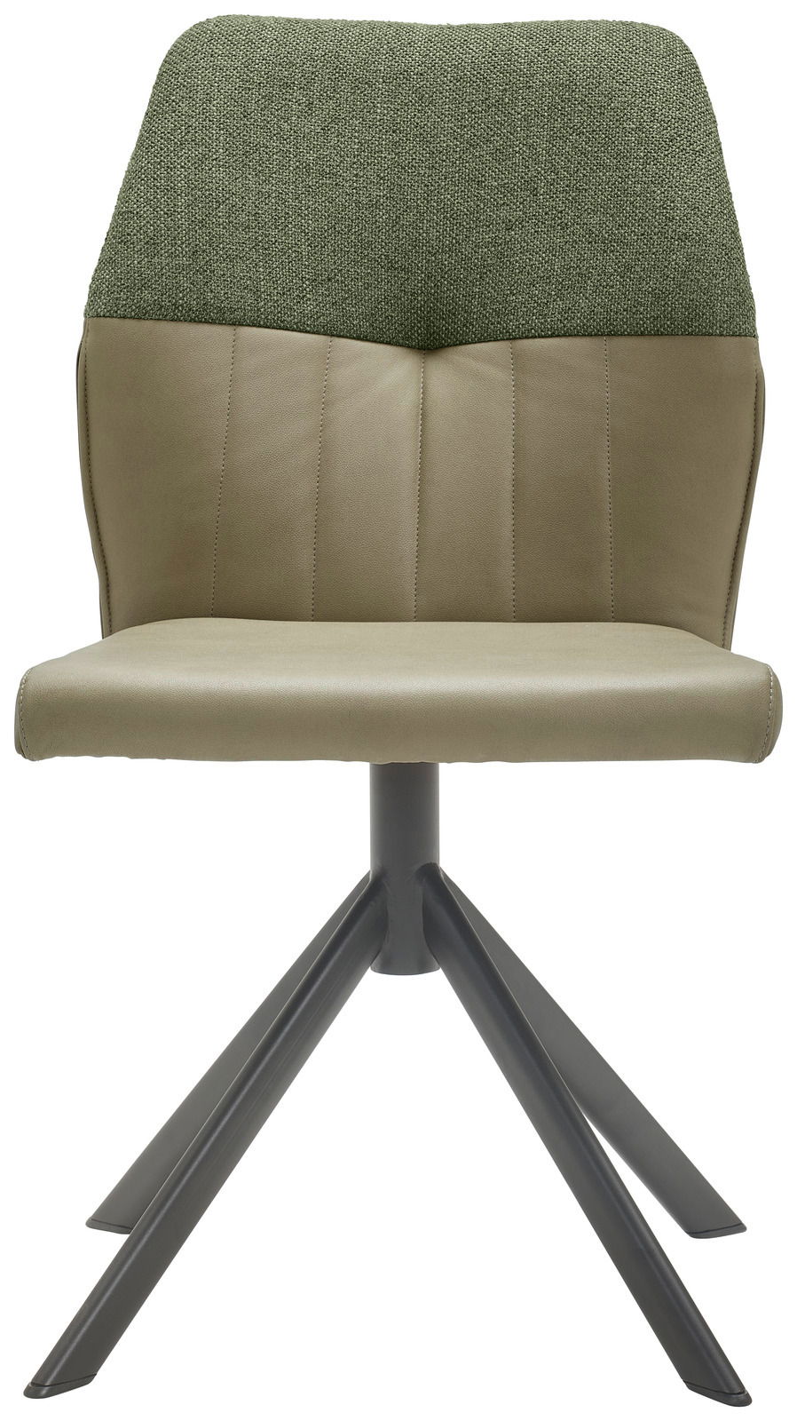 Moderner Stuhl mit grünem Stoffrücken und olivfarbenem Ledersitz, aus frontaler Perspektive.