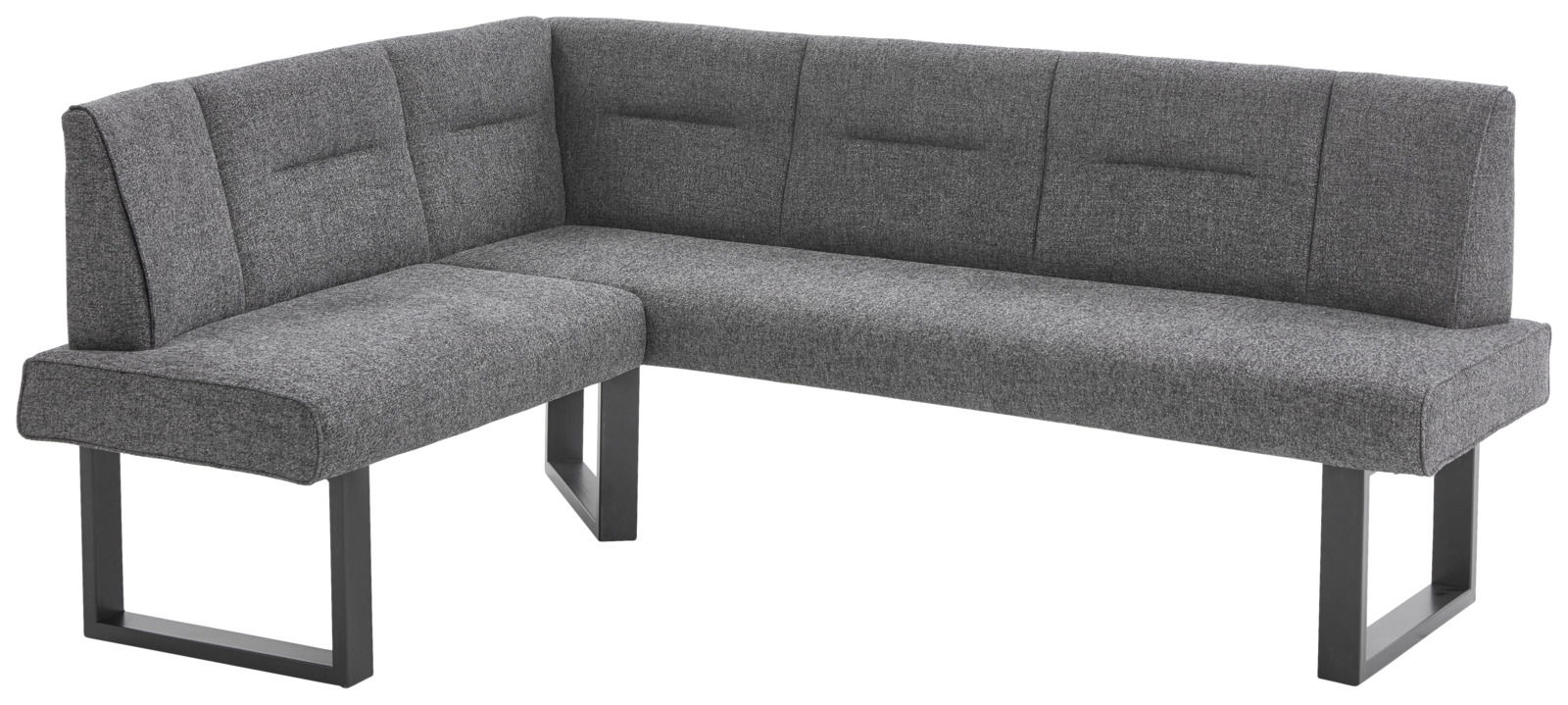 Graue Eckbank KIRA mit modernem Design, L-förmig, aus Stoff mit Metallbeinen, seitliche Perspektive.