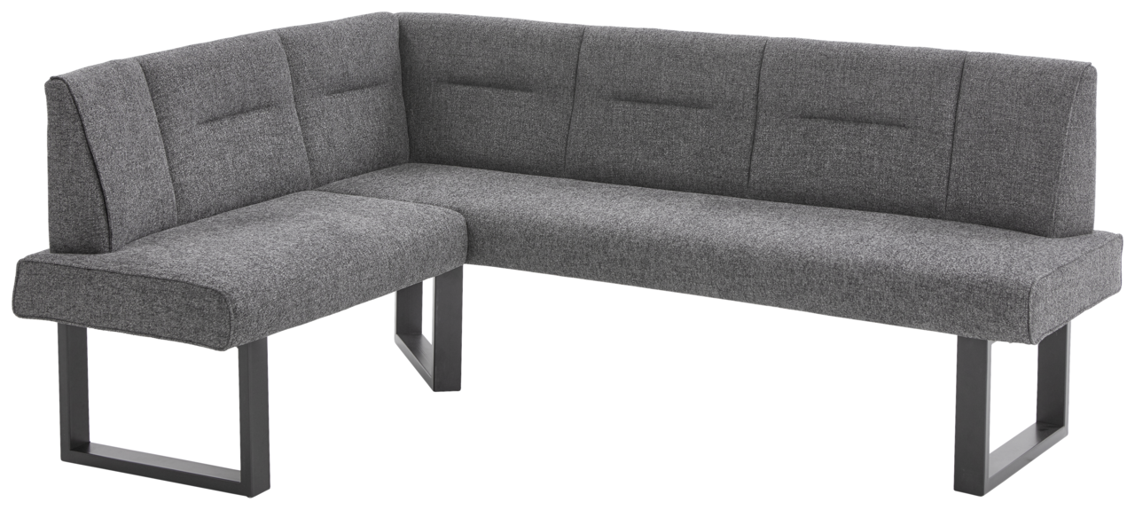 Valdera Hoekbank KIRA Graue Eckbank KIRA mit modernem Design, L-förmig, aus Stoff mit Metallbeinen, seitliche Perspektive.