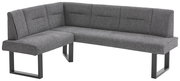 Graue Eckbank KIRA mit modernem Design, L-förmig, aus Stoff mit Metallbeinen, seitliche Perspektive.