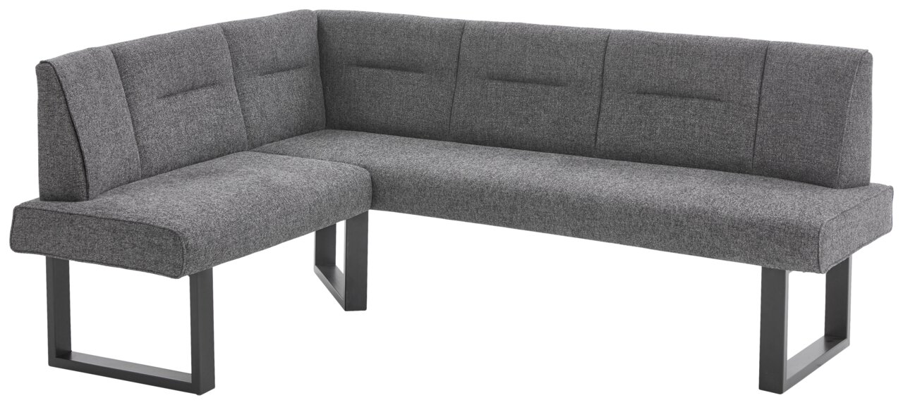 Graue Eckbank KIRA mit modernem Design, L-förmig, aus Stoff mit Metallbeinen, seitliche Perspektive.