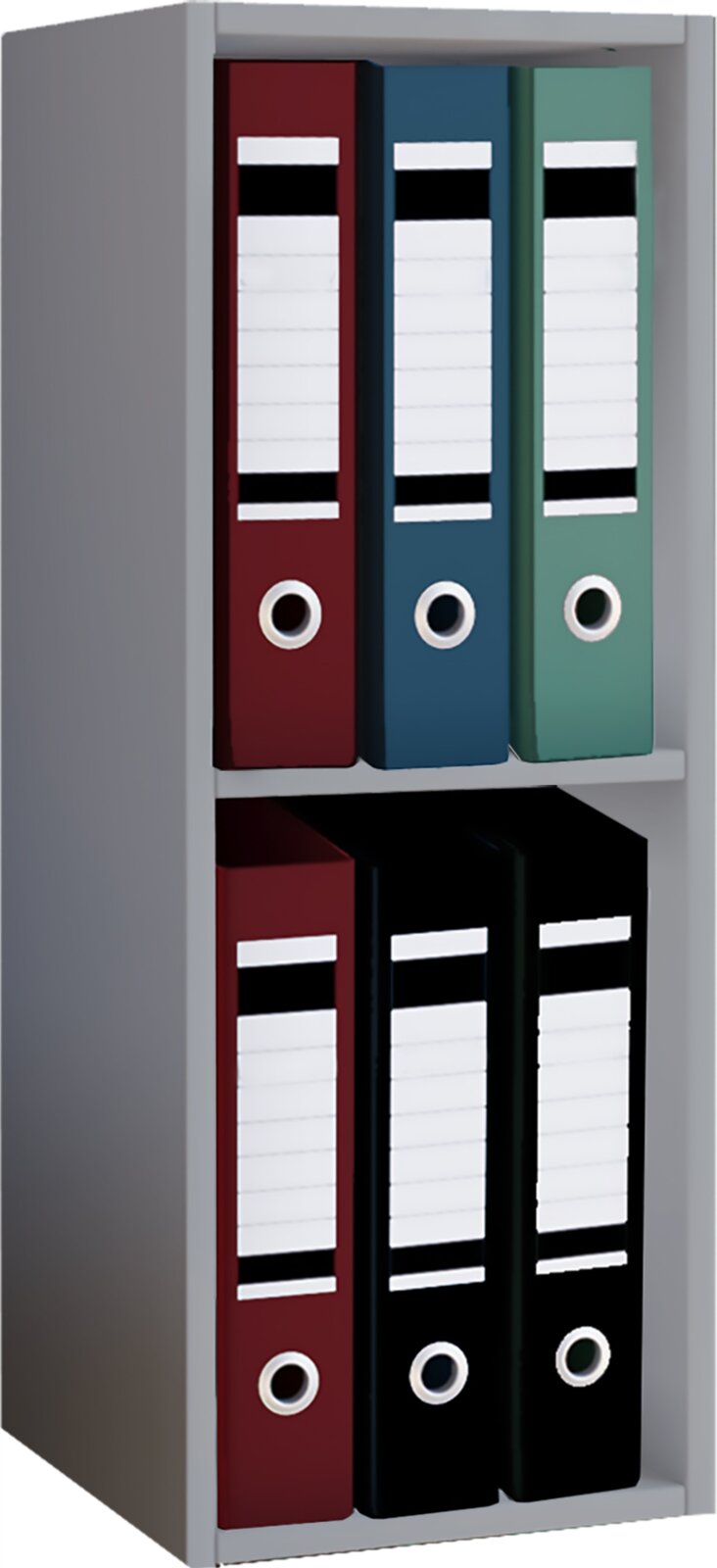 Sechs farbige Aktenordner (rot, blau, grün und schwarz) mit Beschriftungsfeldern in einem grauen Regal, schräg von vorne in leichter Seitenansicht fotografiert.
