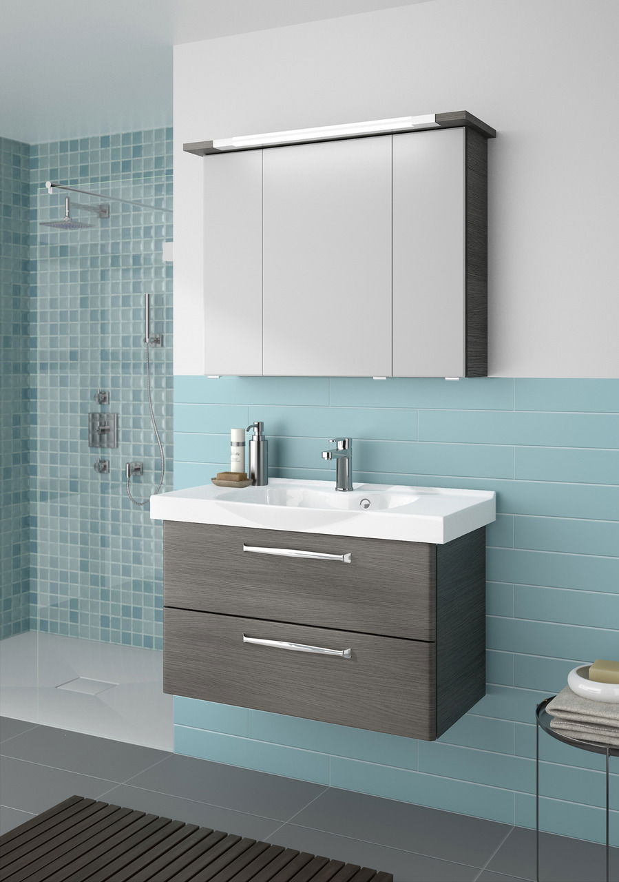 Moderner Badblock mit Waschbecken und zwei Schubladen, Ansicht von vorne.