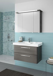 Moderner Badblock mit Waschbecken und zwei Schubladen, Ansicht von vorne.