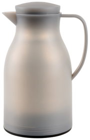 Graue Isolierkanne mit Henkel und Deckel, seitliche Perspektive