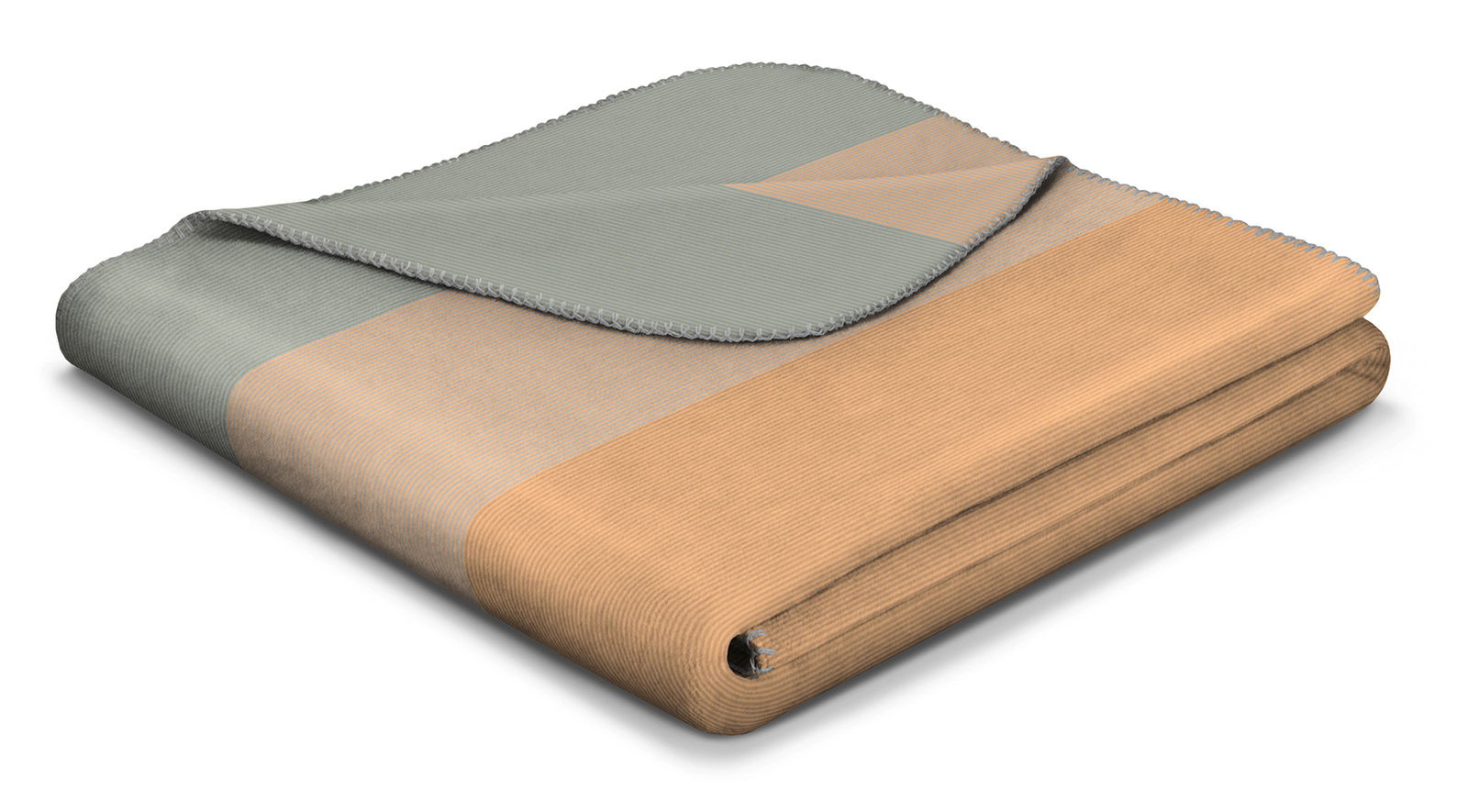 Gefaltete Wohndecke in Beige- und Grautönen, seitliche Perspektive