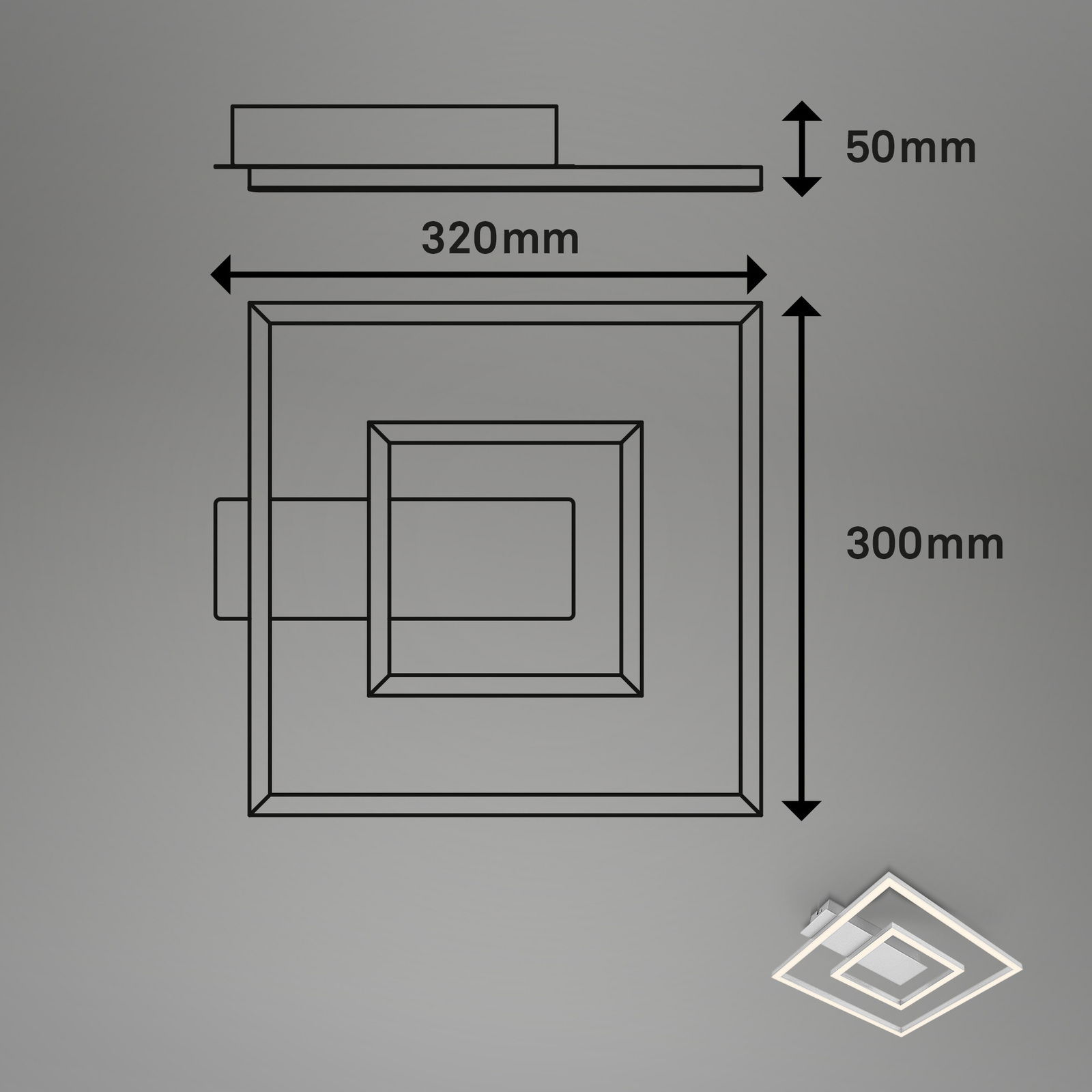 LED-Deckenleuchte NICI von Briloner in Aluminium, quadratisches Design, Maße 320x300x50mm, seitliche Perspektive