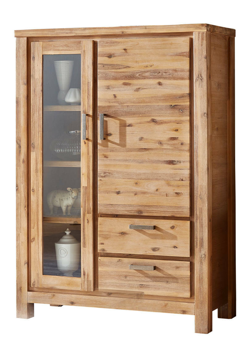 Hochwertige Highboard-Vitrine aus Holz mit Glastür und Schubladen, seitliche Perspektive