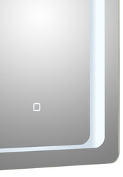 Nahaufnahme eines beleuchteten Badezimmerspiegels mit Touch-Schalter, seitliche Perspektive