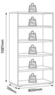 Offenes Standregal mit fünf Ablageböden, Maße ca. 1097 x 600 x 329 mm, je Boden max. 12 kg Tragkraft, dargestellt in schräger Frontansicht.