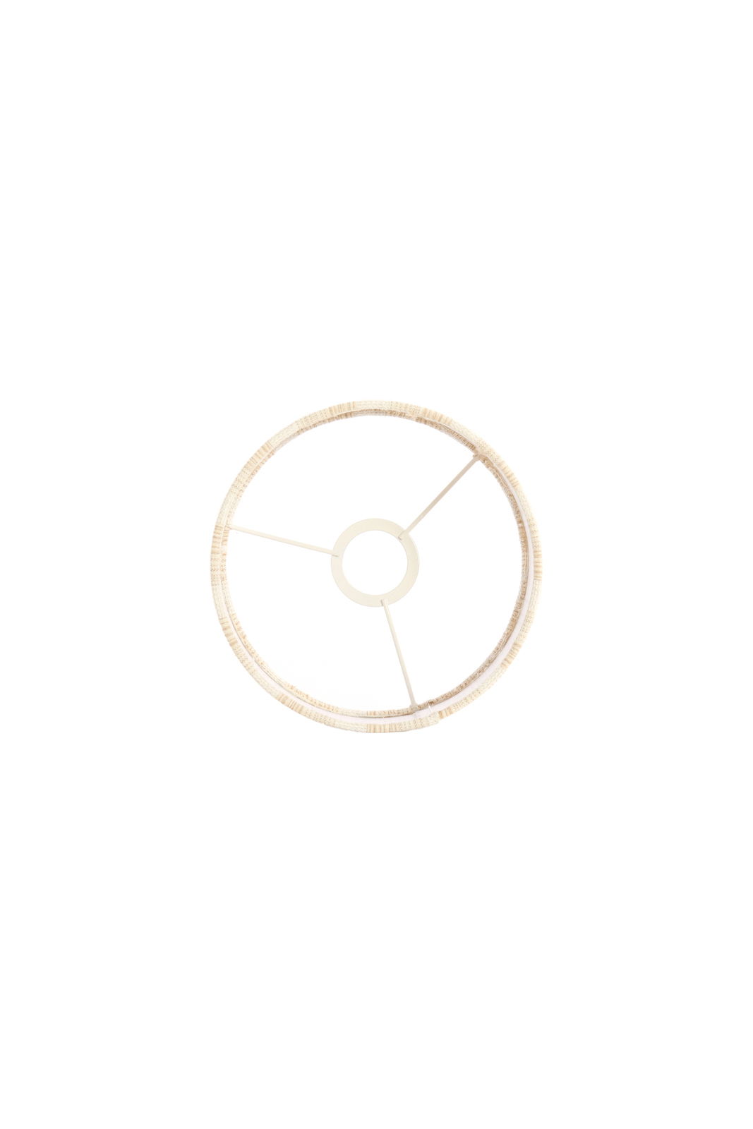 Draufsicht auf einen runden, hellen Lampenschirm mit drei Streben zur Befestigung.