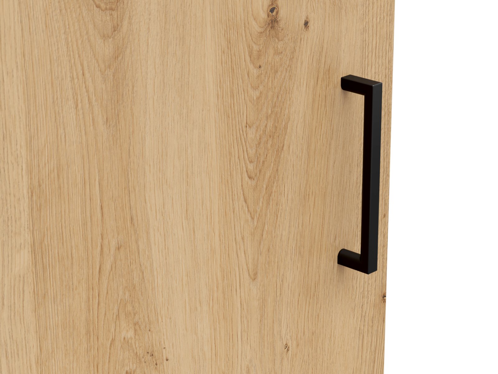 Nahaufnahme einer Holzkommode mit schwarzem Griff, seitliche Perspektive