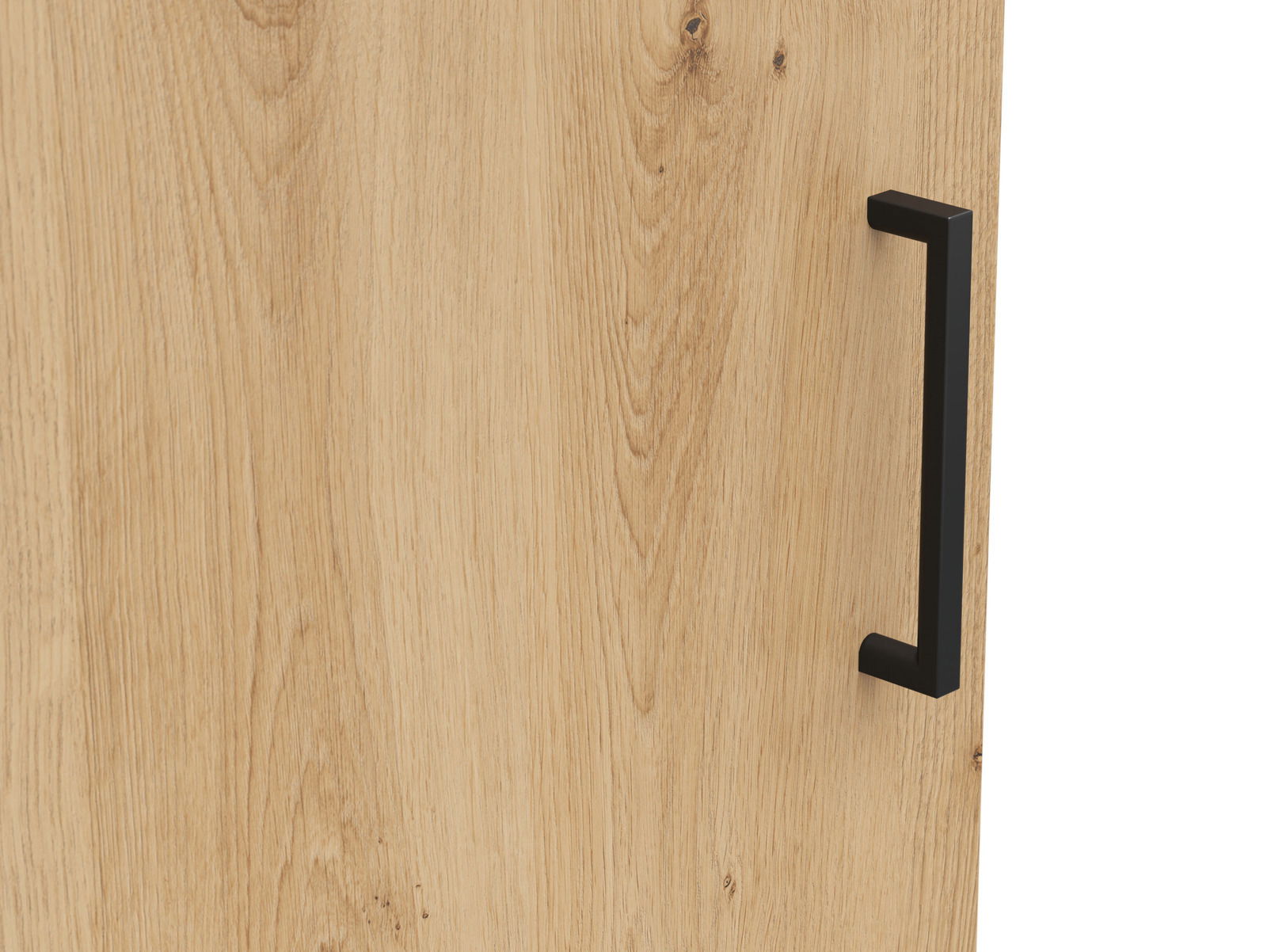 Nahaufnahme einer Holzkommode mit schwarzem Griff, seitliche Perspektive