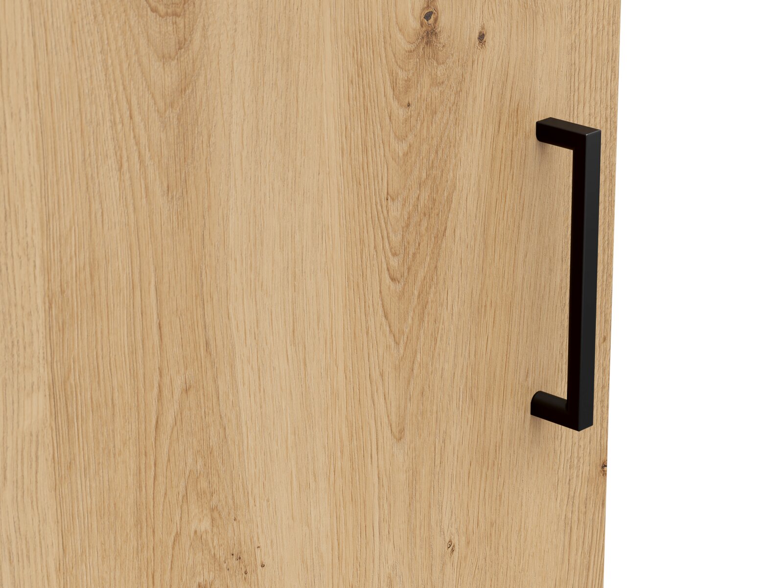 Nahaufnahme einer Holzkommode mit schwarzem Griff, seitliche Perspektive