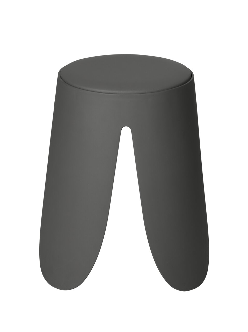 De antracietkleurige poef Comiso in een moderne, minimalistische vorm, hier van voren afgebeeld.