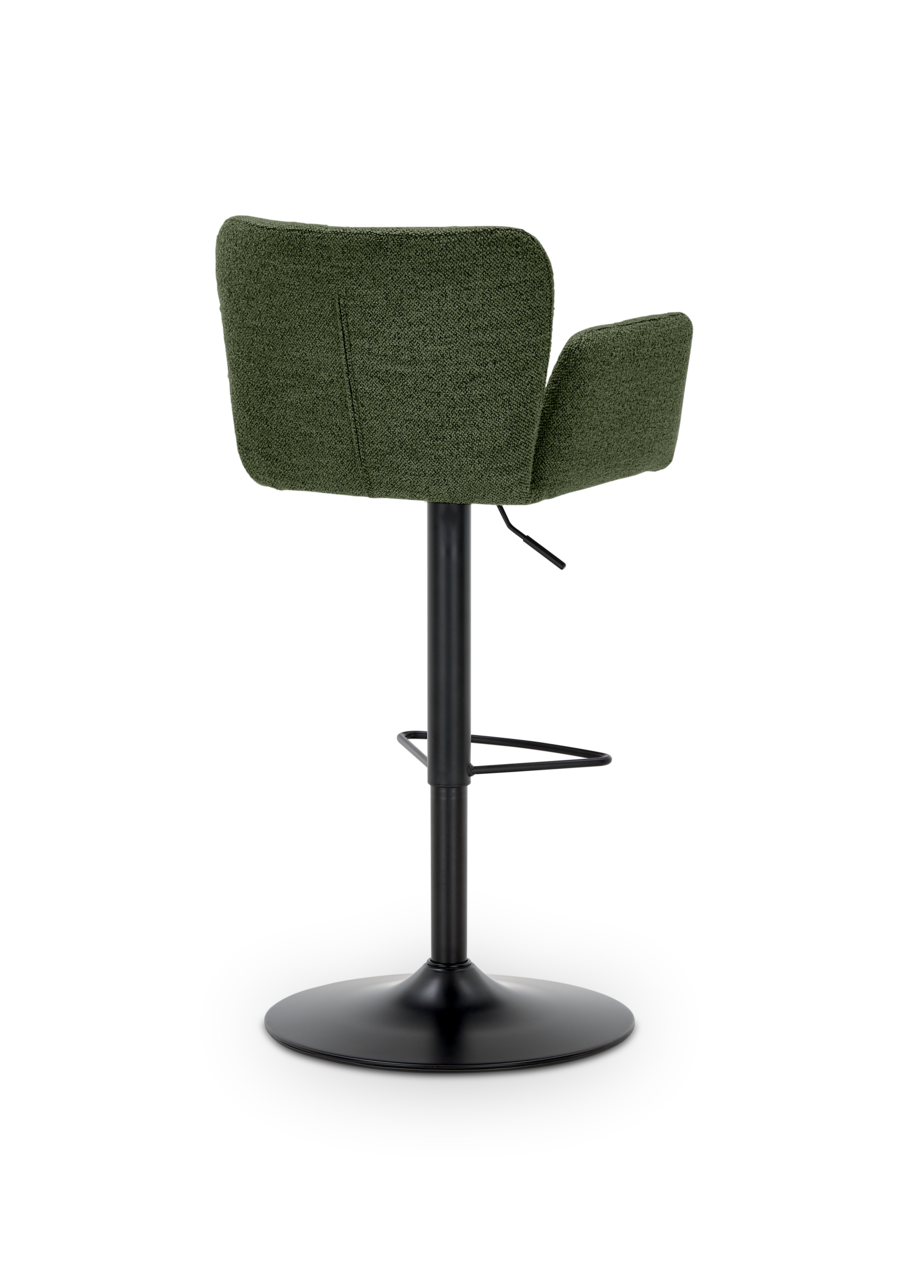 Rückansicht eines grünen Barhockers mit schwarzem Metallfuß und Fußstütze