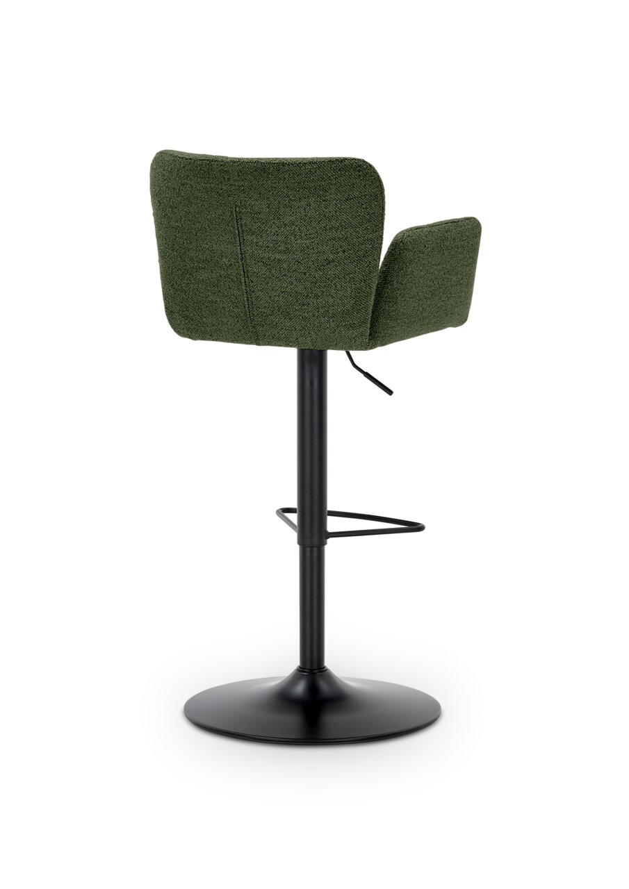 Achterkant van een groene barkruk met een zwart metalen onderstel en voetsteun