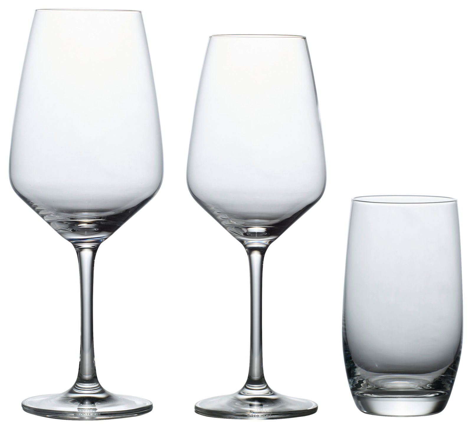 Drei elegante Gläser in Frontalansicht: zwei Weingläser mit Stiel und ein hohes Trinkglas.