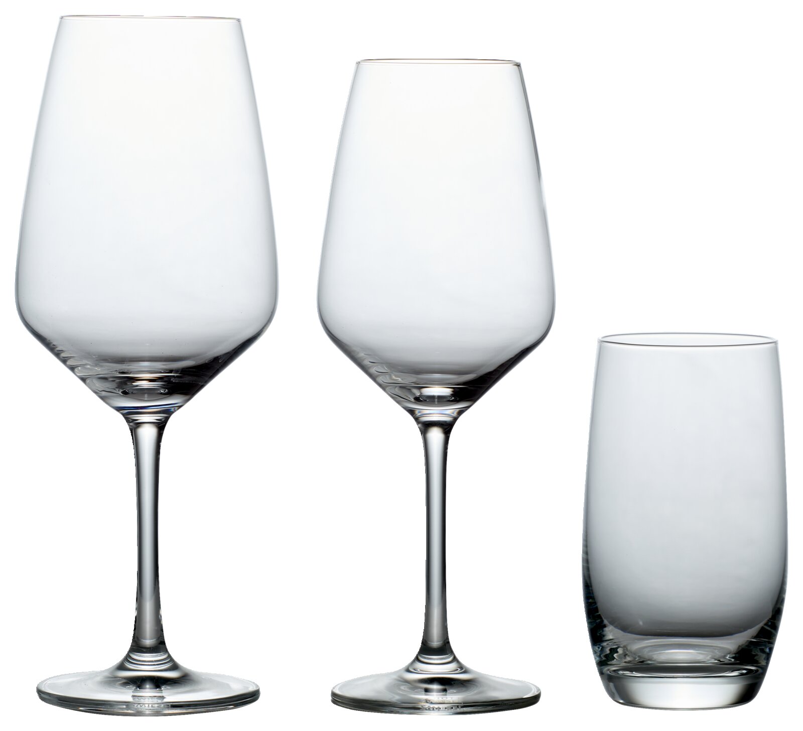 SCHOTT ZWIESEL Glasset 12-tlg. TULIP Drei elegante Gläser in Frontalansicht: zwei Weingläser mit Stiel und ein hohes Trinkglas.