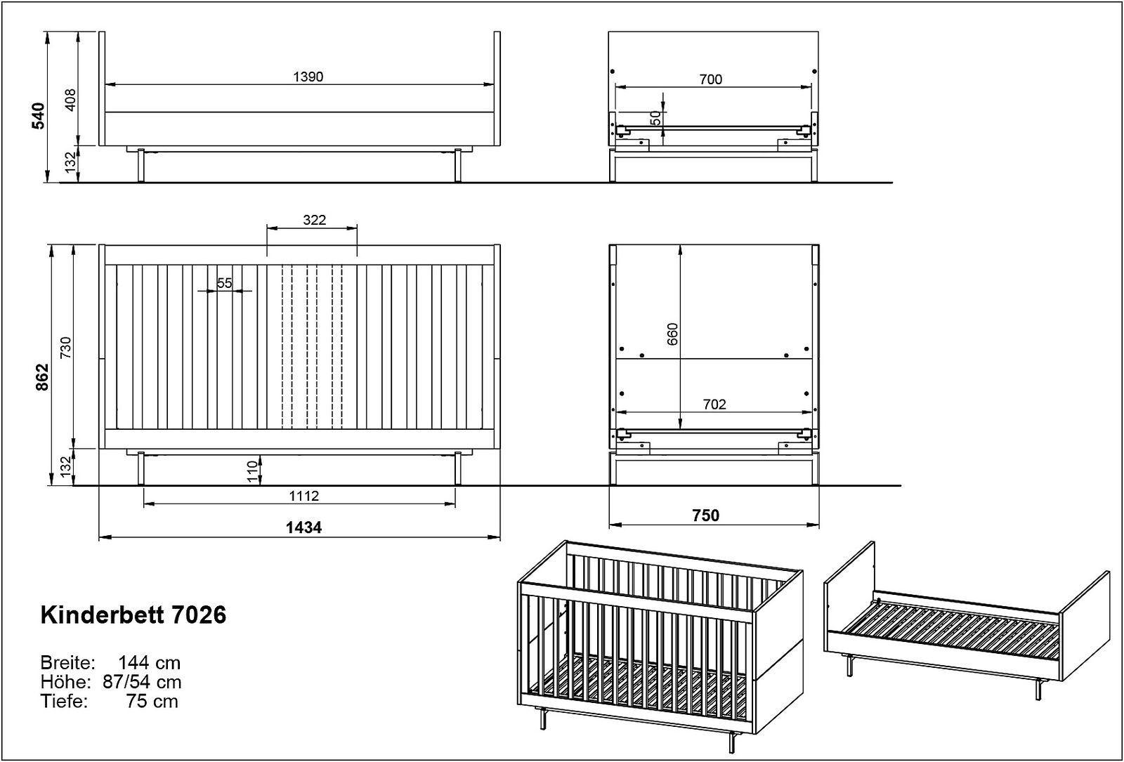 Technische Zeichnung eines Kinderbetts mit den Maßen Breite: 144 cm, Höhe: 87/54 cm, Tiefe: 75 cm. Perspektive von vorne und seitlich.