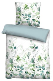 Bettwäsche-Set mit floralem Muster in Grün- und Blautönen, Draufsicht