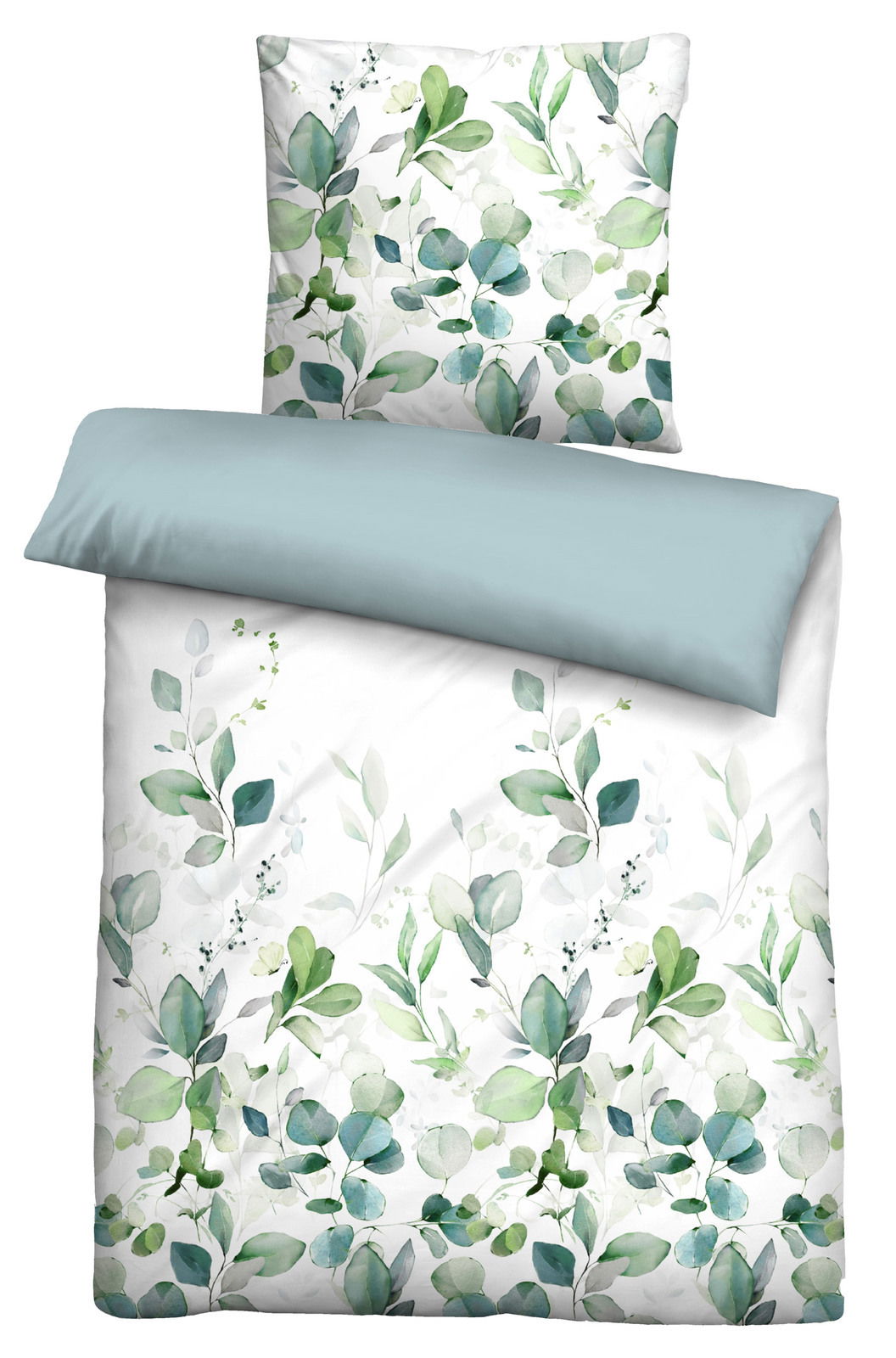 Bettwäsche-Set mit floralem Muster in Grün- und Blautönen, Draufsicht