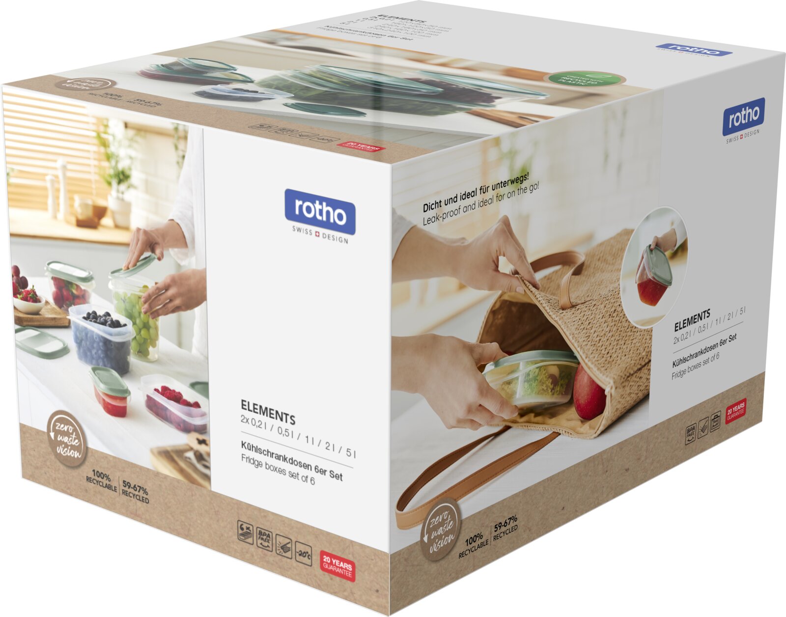 rotho Set van 6 vershoudbakjes ELEMENTS Verpakking van een 6-delige set vershoudbakjes van Rotho, afgebeeld in een keukenomgeving met gevulde bakjes en een persoon die een bakje in een tas stopt. Perspectief: schuin van voren.