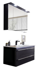 Moderne Badkombination mit Spiegel und Waschbecken, seitliche Perspektive