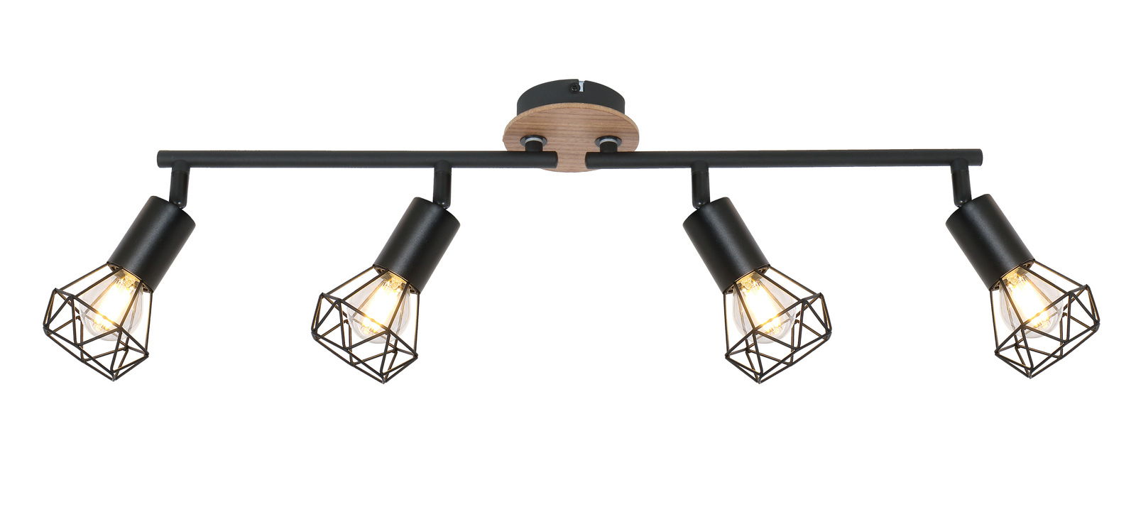 Moderner Strahler XARA I mit vier verstellbaren Leuchten in schwarzem Metall und Holzoptik, seitliche Perspektive.