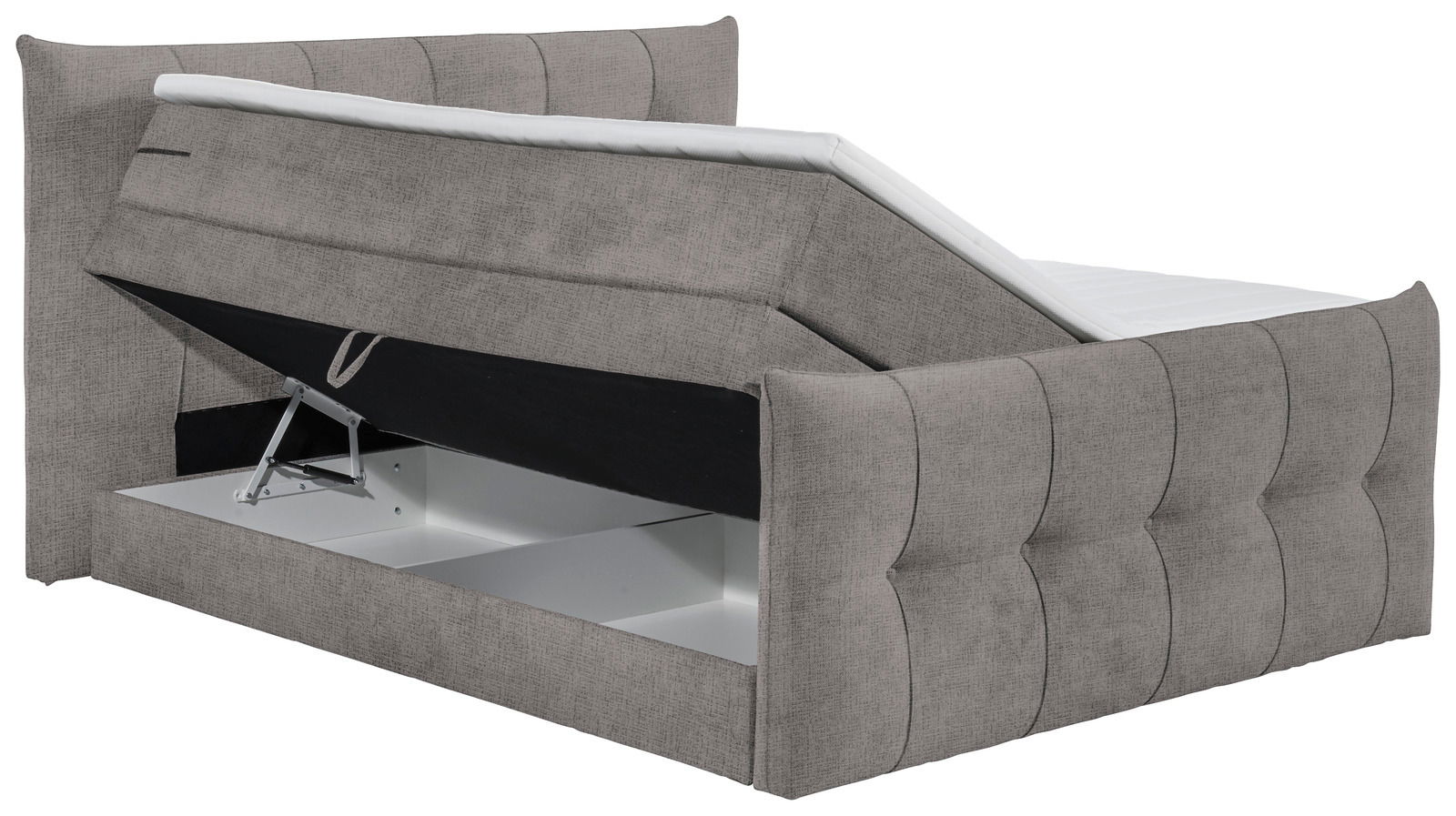 Boxspringbett in grauem Stoff mit geöffneter Bettkastenfunktion, seitliche Perspektive