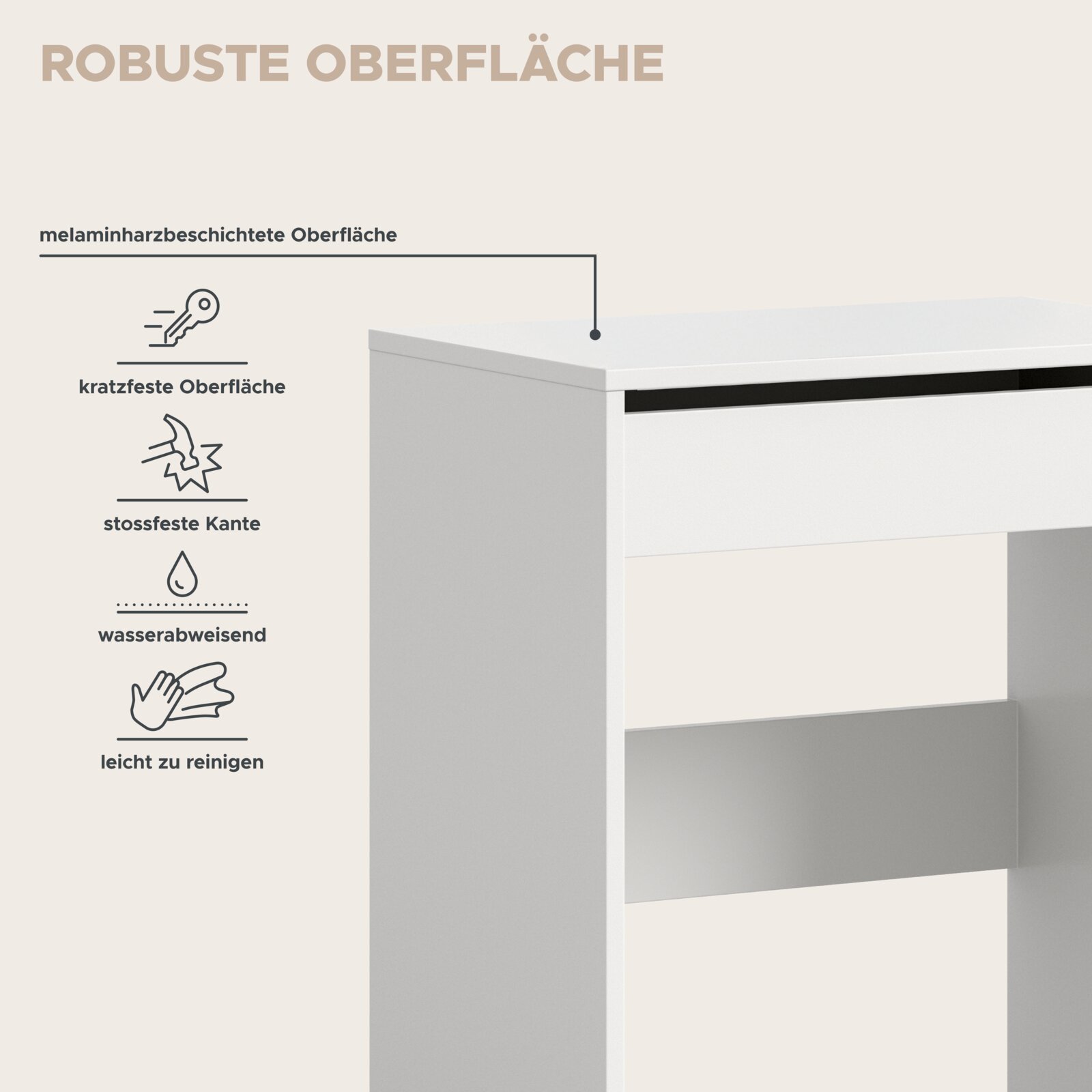 Schreibtisch in Weiß mit melaminharzbeschichteter, robuster Oberfläche; Detailansicht der vorderen linken Ecke aus leicht schräger Seitenperspektive, mit Hinweisen auf kratzfeste, stoßfeste, wasserabweisende und leicht zu reinigende Eigenschaften