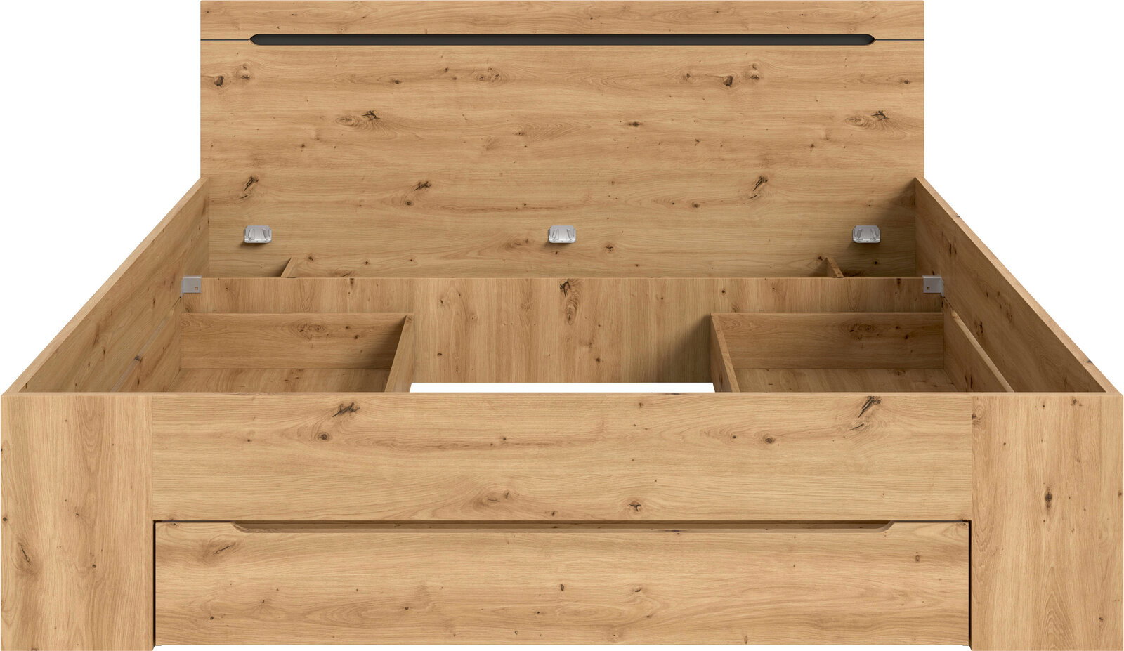 Holzbettgestell in Eiche-Optik mit integriertem Stauraum und Schublade, Blick von vorne in den geöffneten Bettkasten