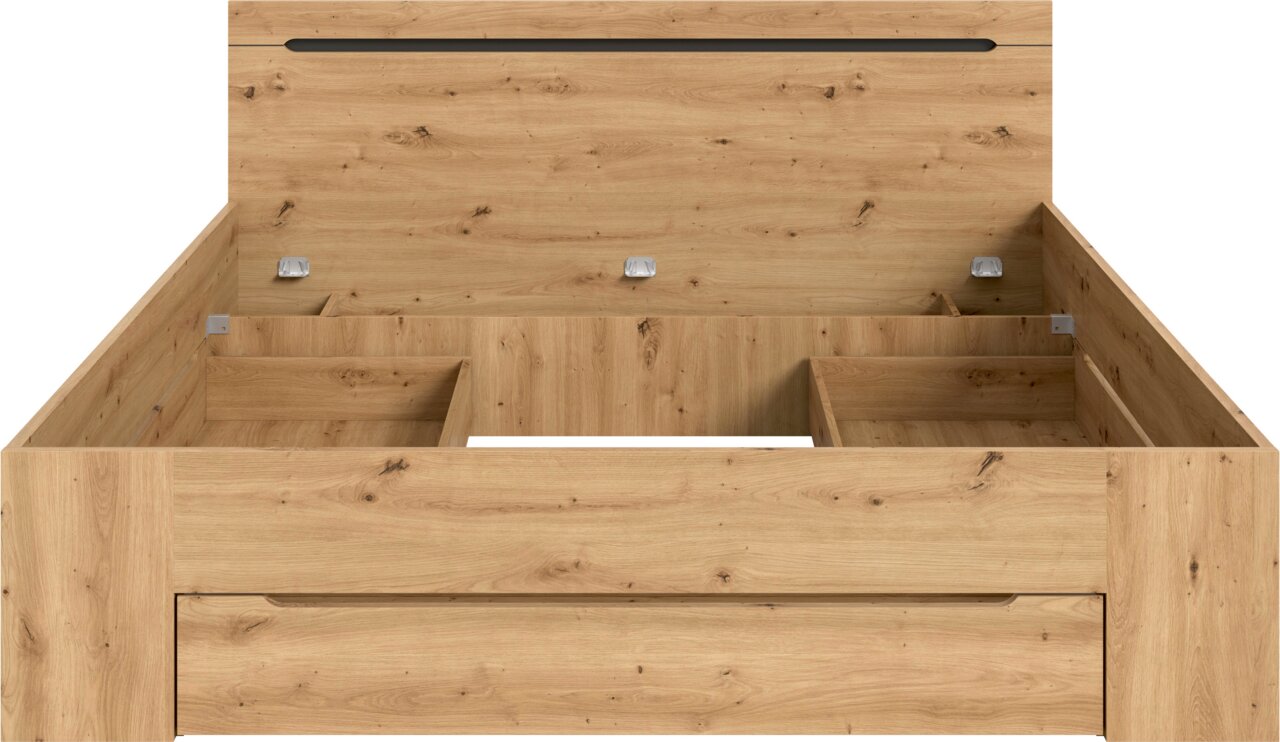 Holzbettgestell in Eiche-Optik mit integriertem Stauraum und Schublade, Blick von vorne in den geöffneten Bettkasten