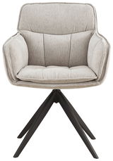 Frontansicht eines modernen Armlehnstuhls mit hellgrauem Stoffbezug und schwarzem Metallgestell.