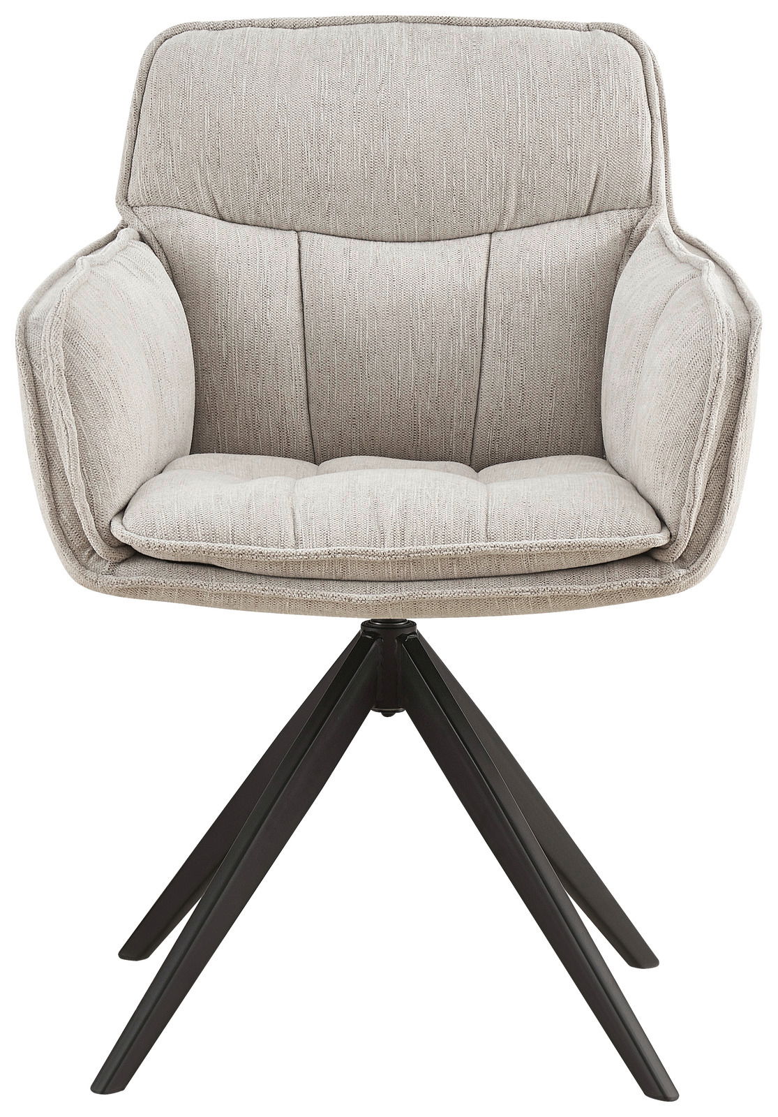 Frontansicht eines modernen Armlehnstuhls mit hellgrauem Stoffbezug und schwarzem Metallgestell.